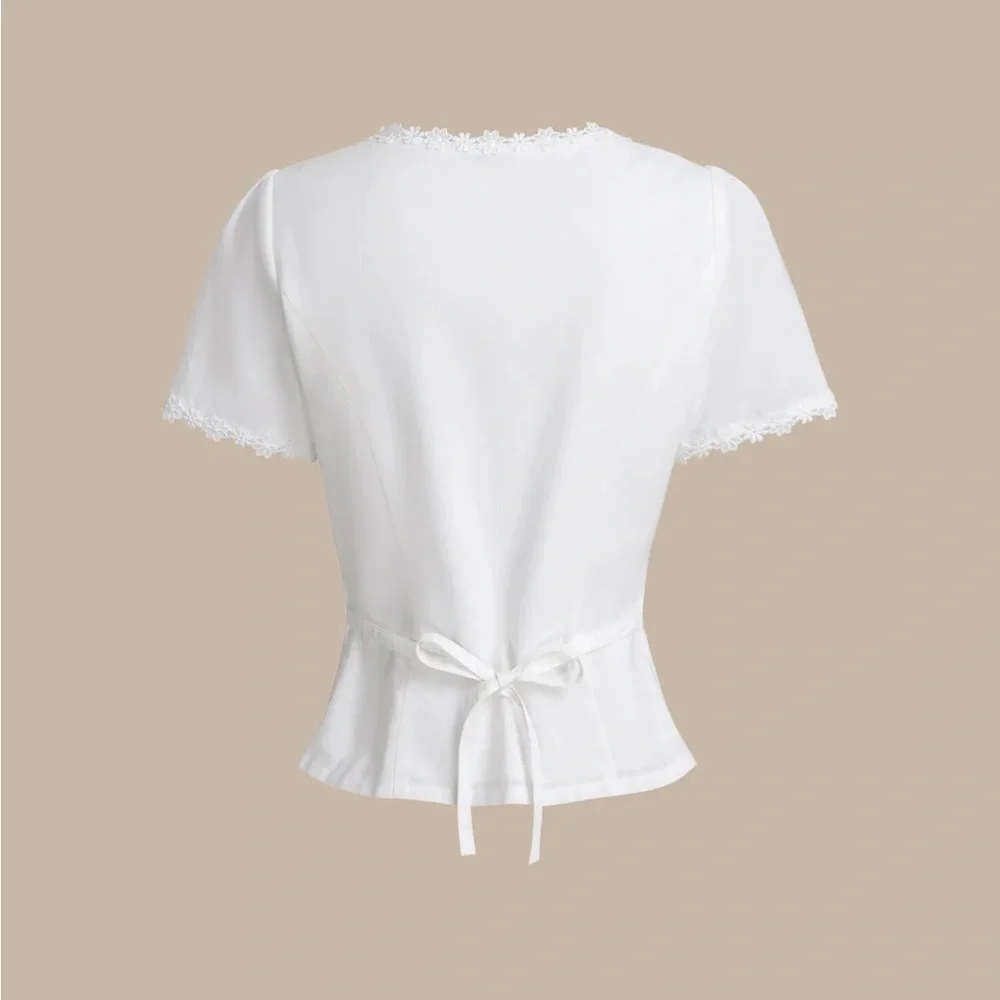 Rihoas White Square Neck Button Lace Blouse - Picture 7 of 9